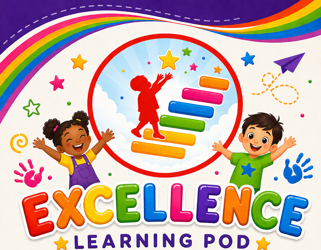 Colorful illustration of children reaching for the stars, with the Excellence Learning Pod logo